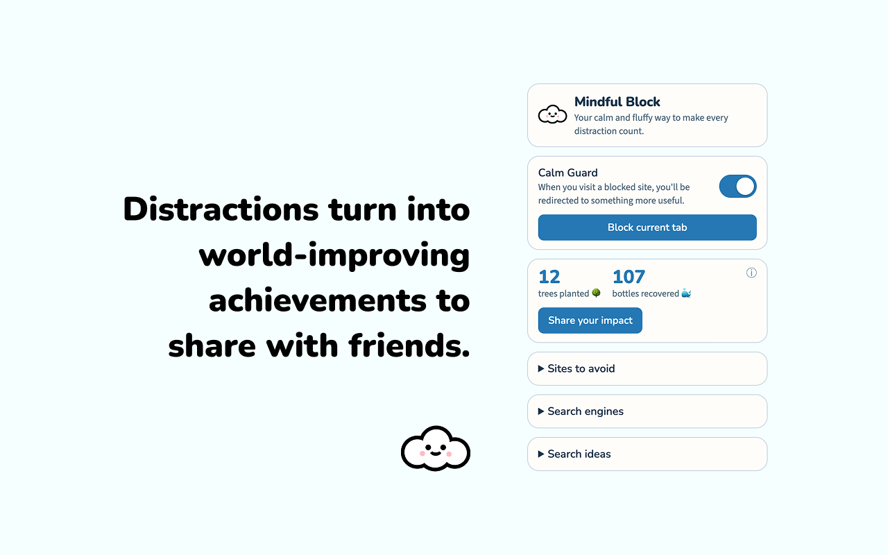 Mindful Block impact tracker showing trees planted and plastic removed